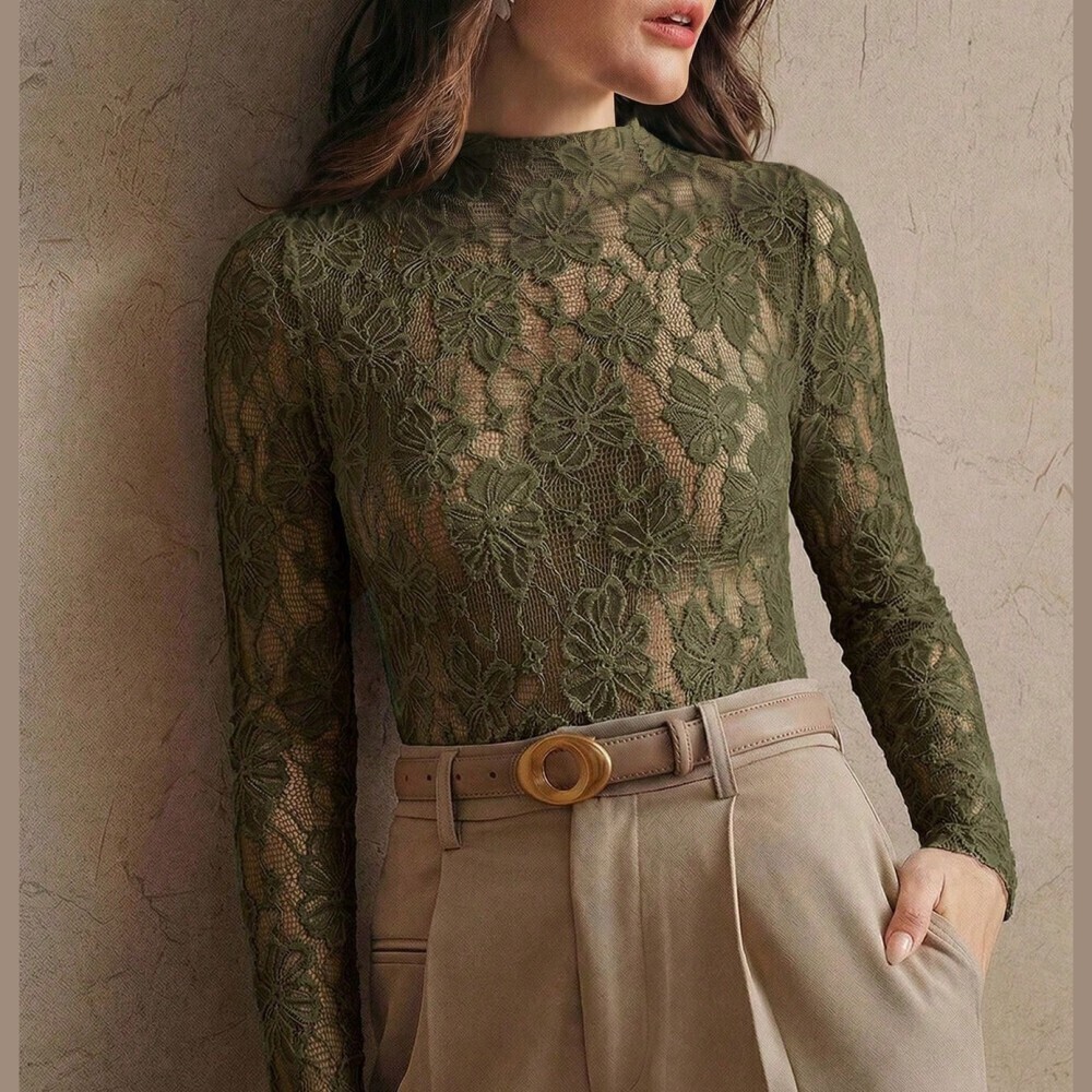 Olive Green Sheer Floral Lace Mock Neck Long Sleeve Top